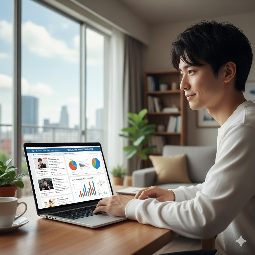 20代前半の日本人男性法務部員1名が休日、自宅マンションでノートPCのディスプレイに求人票やグラフを表示し、転職市場を分析しているシーン。柔和で余裕がある表情をしている。