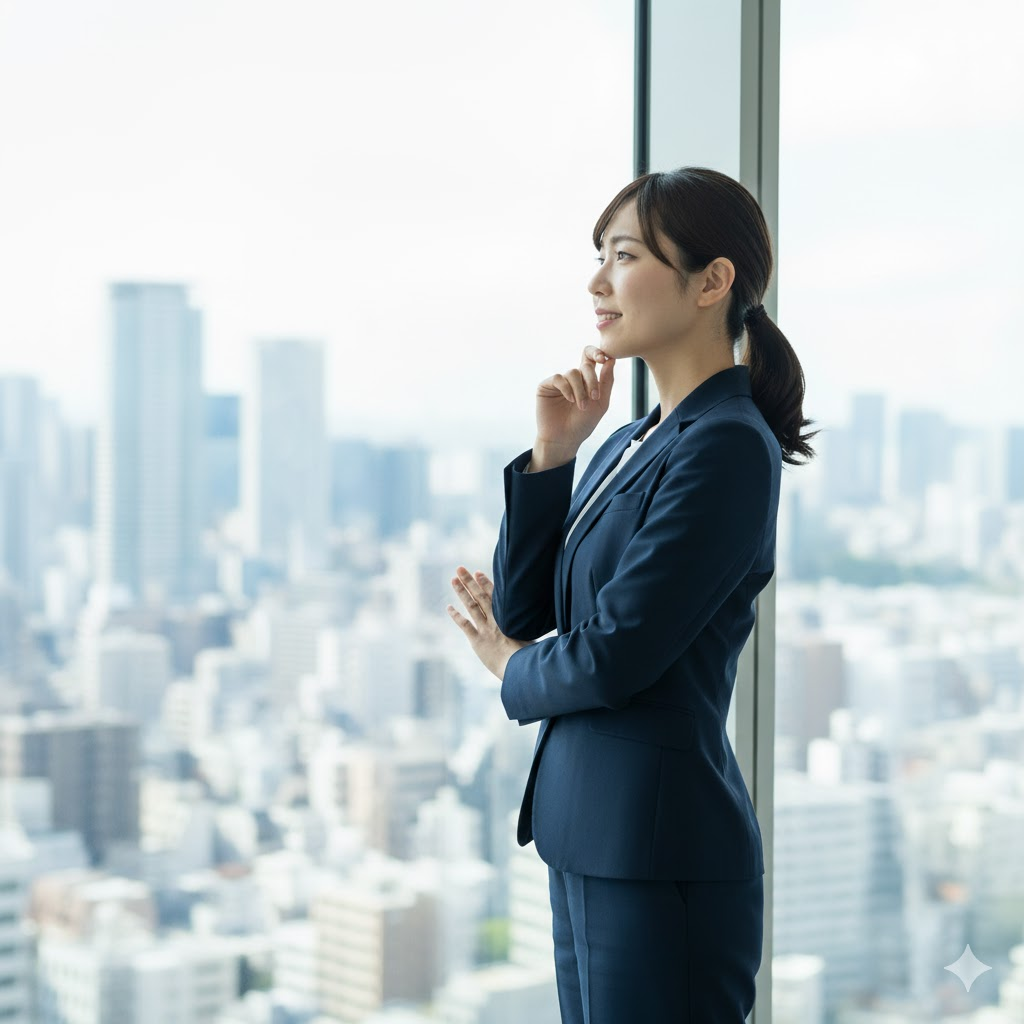 20代前半の日本人女性法務担当者が立ち上がり、窓の外のオフィス街を見つめながらキャリアの方向性を考えている姿。真後ろの画像ではなく、希望に満ちた表情が見えるように斜め前からの姿を配置。希望・前進を感じさせる構図。
