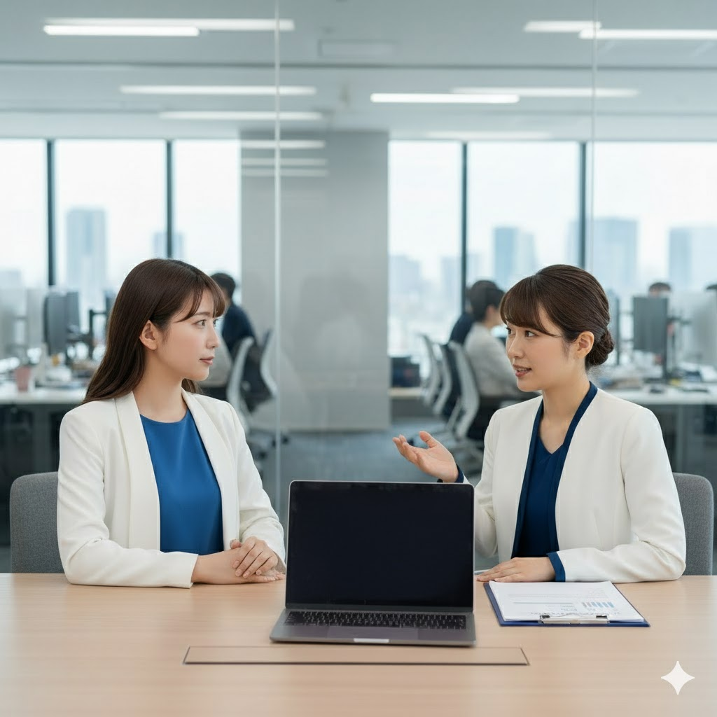 20代前半の日本人女性法務担当者が30代の日本人女性転職エージェントと会議室で面談しているシーン。透明ガラスの会議室、ノートPCと資料を前に誠実に会話。
