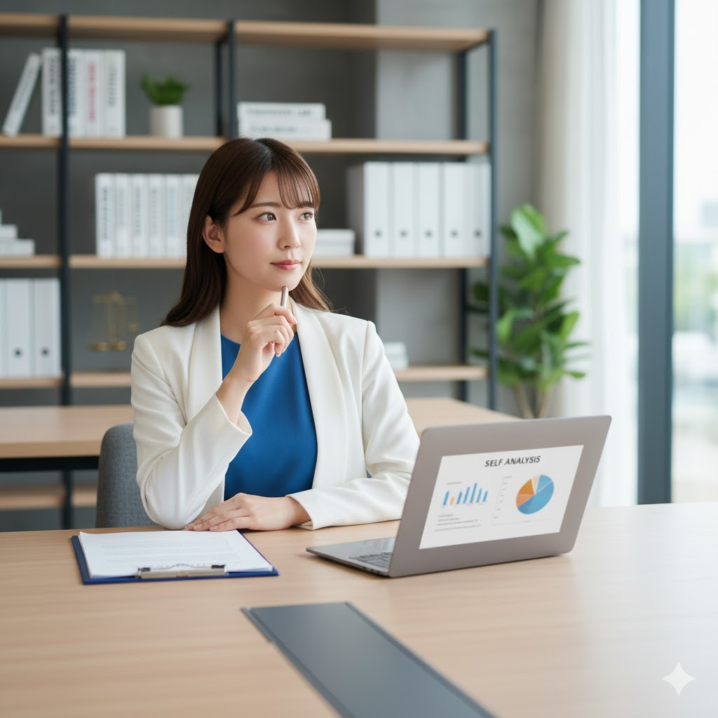 日本人女性の法務部員が契約書とノートを前に自己分析を行うシーン（転職準備・キャリア戦略）