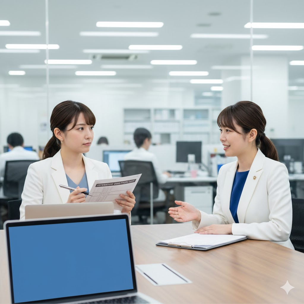 20代の日本人女性法務部員が、面談中に質問リストを確認しながら担当エージェントの話を聞いている様子。落ち着いたオフィス、信頼感ある光のトーン。