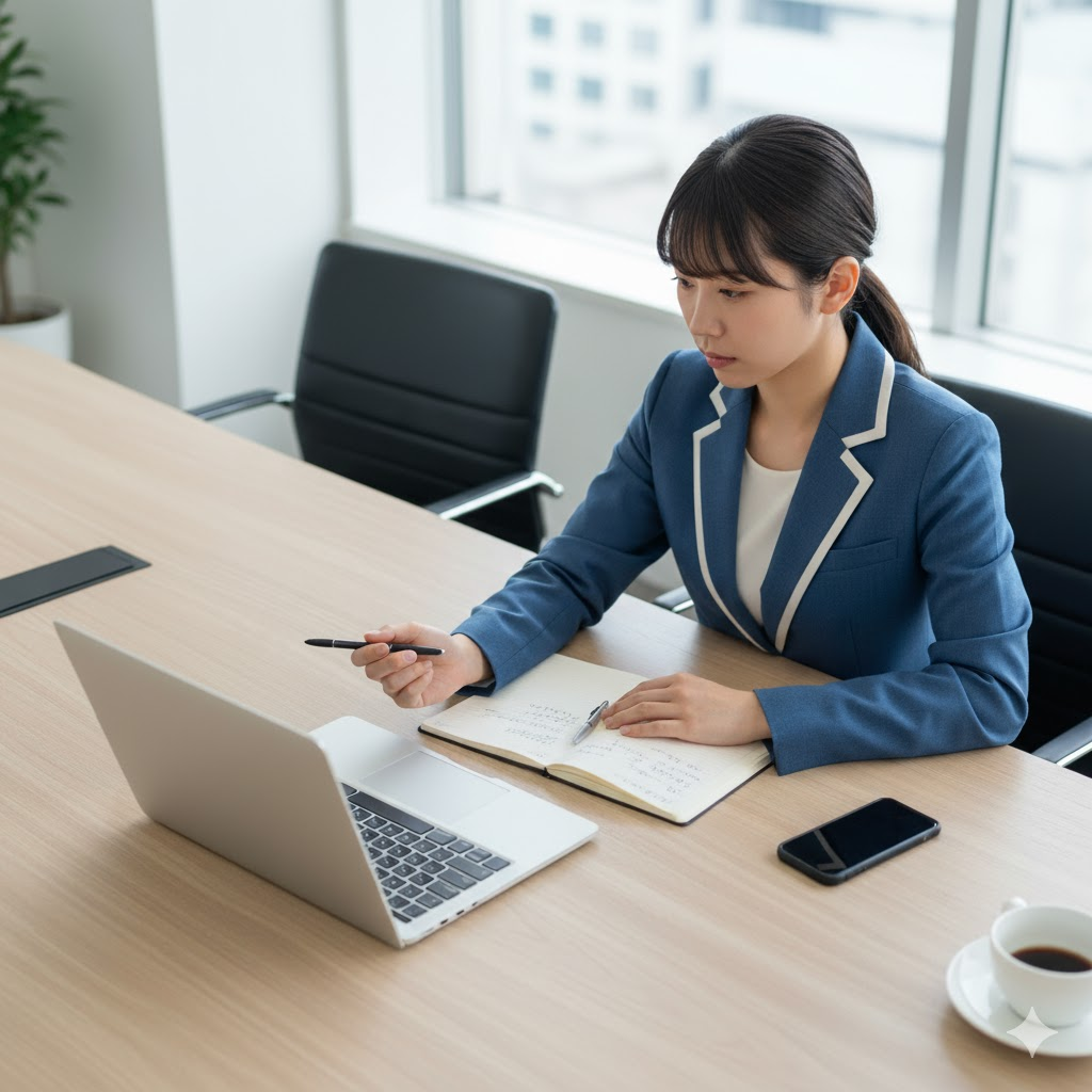 ノートPC画面に複数の求人票が開かれ、20代前半の日本人法務部員が一つひとつ比較している俯瞰ショット。決断の瞬間を表現。