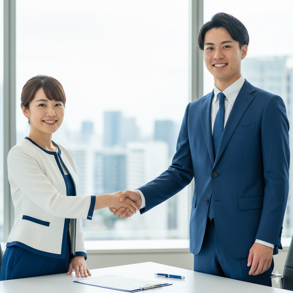 20代前半のスーツ姿の日本人男性法務担当者が30代の日本人女性の転職エージェントと握手している瞬間。背景は明るい窓際のオフィス。机上には契約書とボールペン。成功・信頼・前進を感じさせるリアルな写真風で。ブルーとホワイトの配色で統一。
