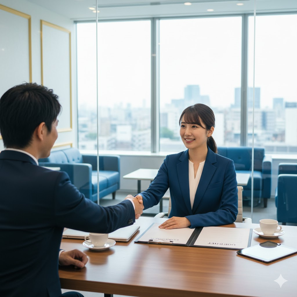 法務部員が転職エージェントと面談する様子。契約書を前にキャリア相談を行うビジネスシーン。信頼感とプロフェッショナリズムを表す