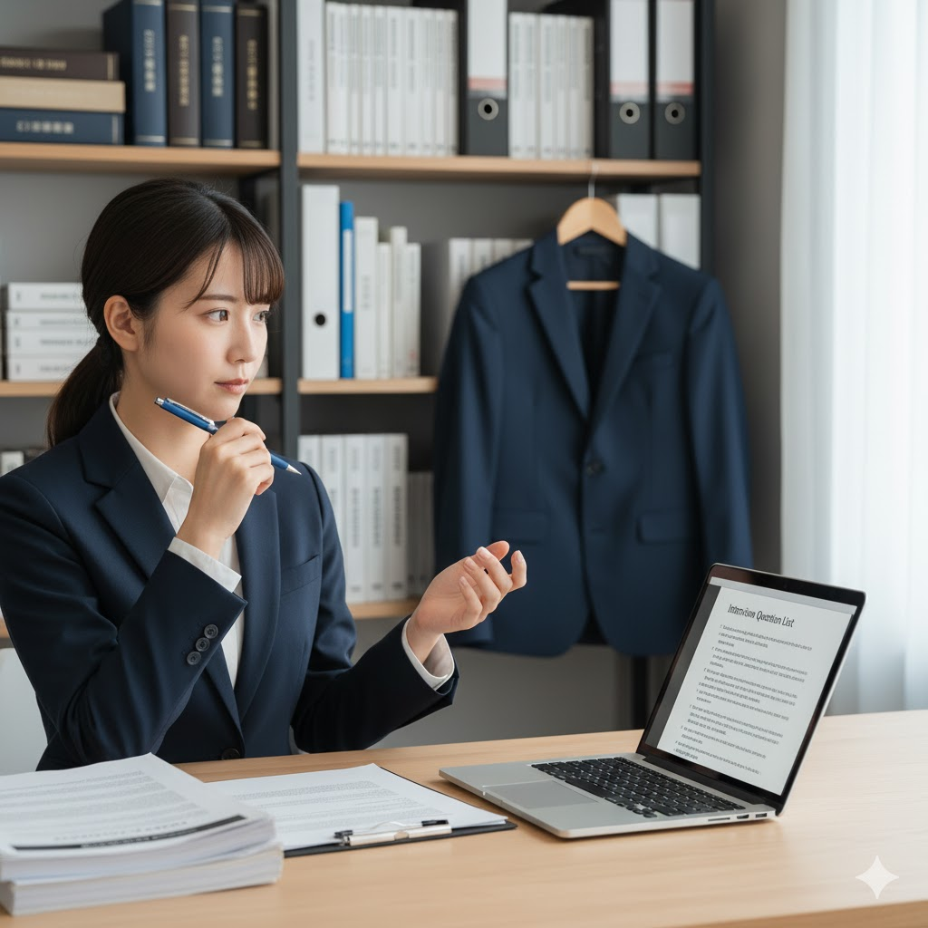 20代前半の日本人女性法務担当者がノートPCで面接質問リストを確認し、面接練習をしている様子。背景にスーツと資料が並ぶ。