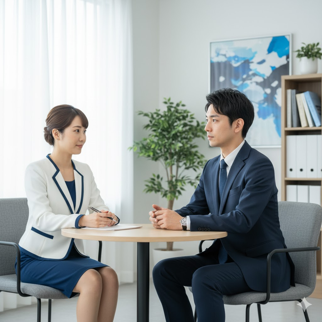 20代前半の日本人男性の法務担当者が30代の日本人女性の担当エージェントと模擬面接を実施している様子。背景としての室内は明るく、リラックスできる状況の中でも真剣に取り組んでいる。