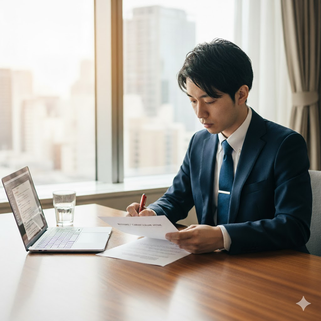 ２０代前半の日本人男性の法務部員がデスクで職務経歴書を確認している。ノートPC・赤ペン・法務書籍が机上にあり、自然光が差す窓際。集中した表情で、次のキャリアに向けて準備を進めている。落ち着いた青・白・ベージュの配色。