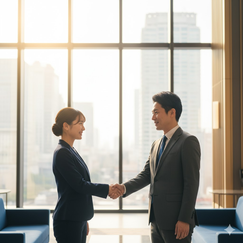 法務部に所属する20代前半の日本人女性が転職エージェントと握手をしている。ガラス越しに都会の景色が見える明るいロビー。柔らかな光が差し込み、希望と新しいスタートを象徴。