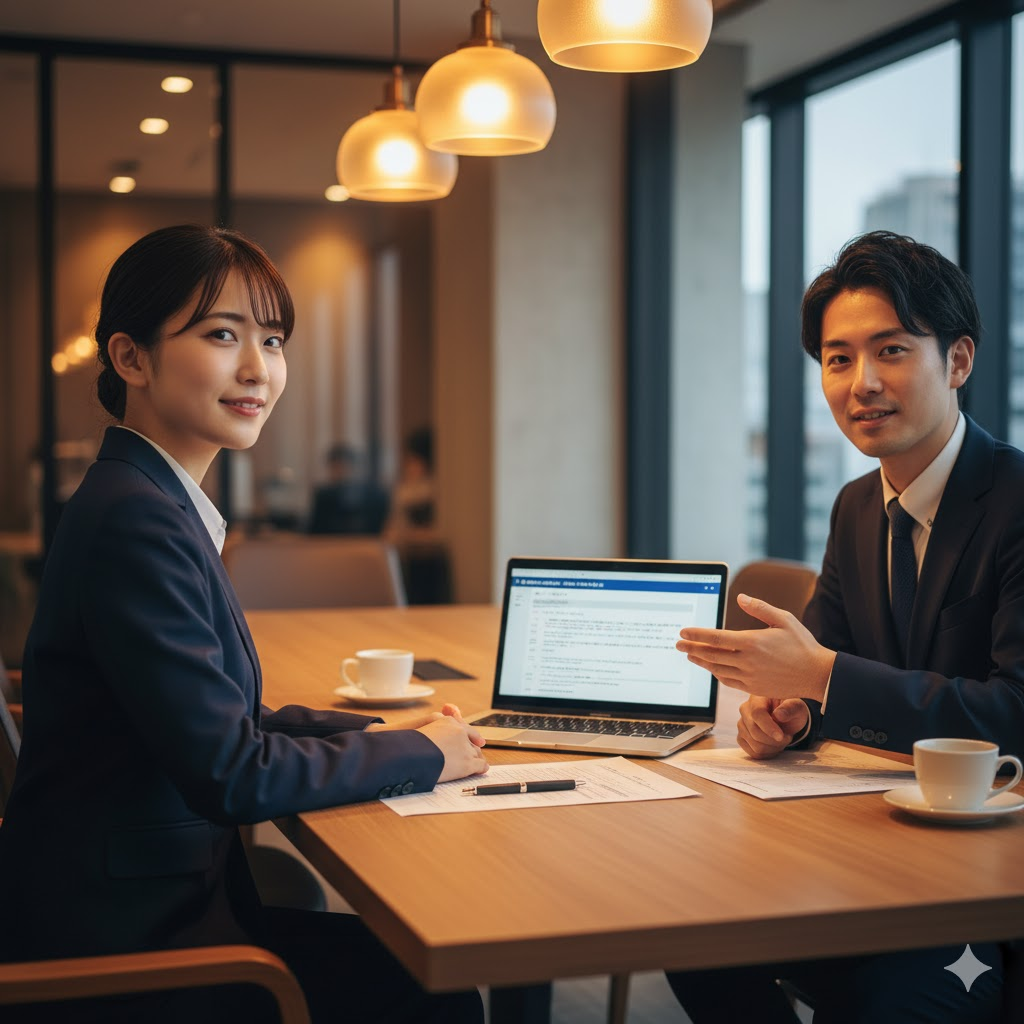 法務部に所属する20代前半の日本人女性と転職エージェントがミーティングをしている。ラップトップを開いて条件を説明しながら話し合う。木目調のテーブル、暖色照明、前向きな表情。ビジネスの現実感と誠実なコミュニケーションを描写。