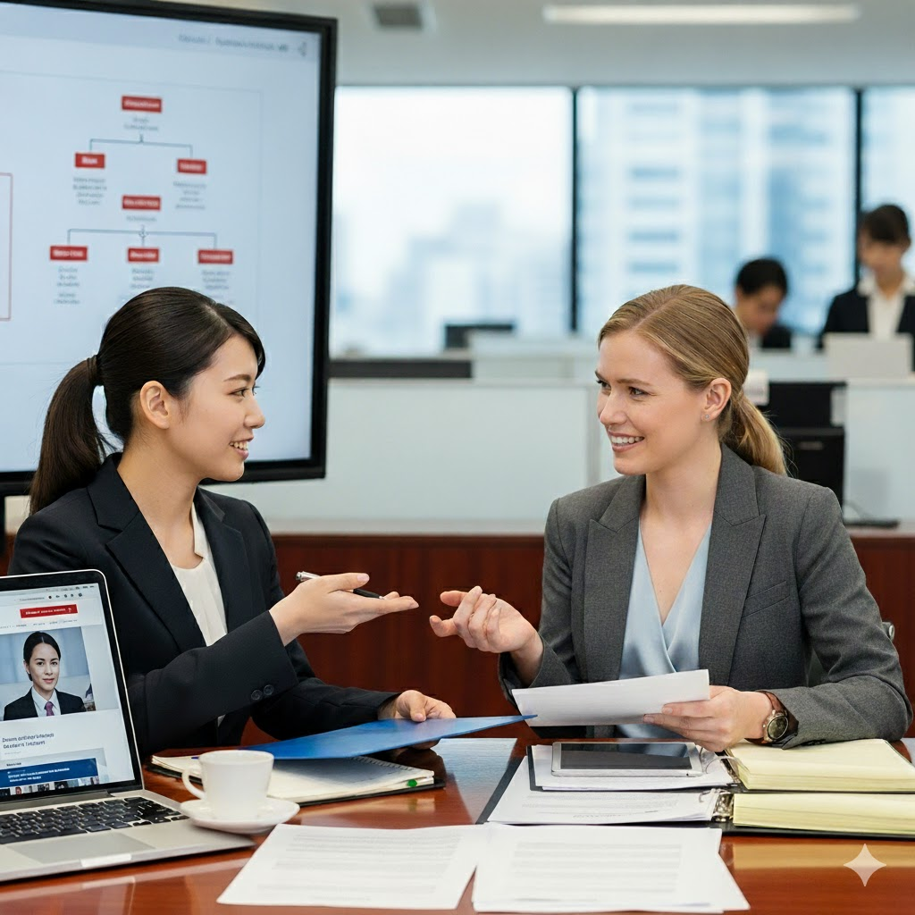 20代前半の日本人女性の会社員（法務部員）が、自分と同年代のアメリカ人女性とオフィスで業務に関する情報交換を行っている様子。日本人女性は黒いスーツを着て笑顔で話しており、アメリカ人女性はグレーのスーツを着て笑顔で聞き入っている。テーブルにはノートパソコン、書類、タブレットなどが置かれ、背景には大型モニターに映し出された図と、他のオフィスワーカーが見える。
