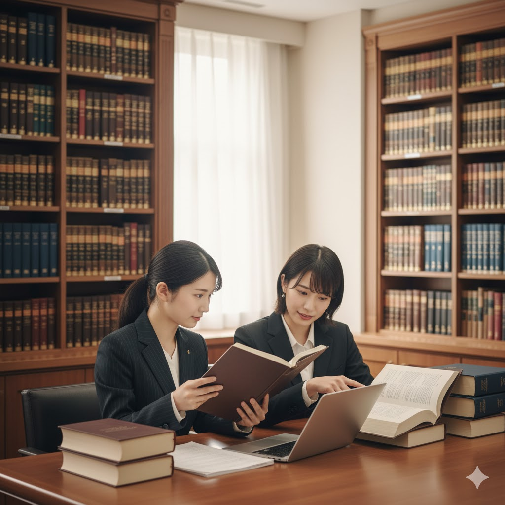 20代前半の日本人女性法務部員2名が、法務部の図書室で調べ物をしている様子。二人とも黒いスーツを着ており、木製のテーブルで向かい合って座っている。左の女性は開いた本を読み、右の女性はノートパソコンを見ながらもう一冊の本を指差している。テーブルの上には複数の本や書類が置かれ、背景には天井まで届く本棚が並び、専門書がぎっしりと収められている。