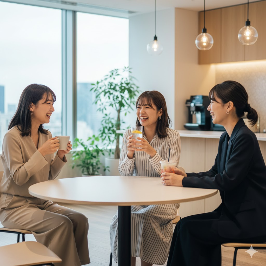 ２０代前半の日本人女性3名が、オフィスのリフレッシュコーナーでドリンクを片手に笑顔で楽しく談笑している様子。白い丸テーブルを囲んで座っており、それぞれベージュのセットアップ、ストライプのワンピース、黒いスーツを着用している。背景には大きな窓から見える都会の景色と、観葉植物、そしてコーヒーメーカーのあるキッチンカウンターが写っている。