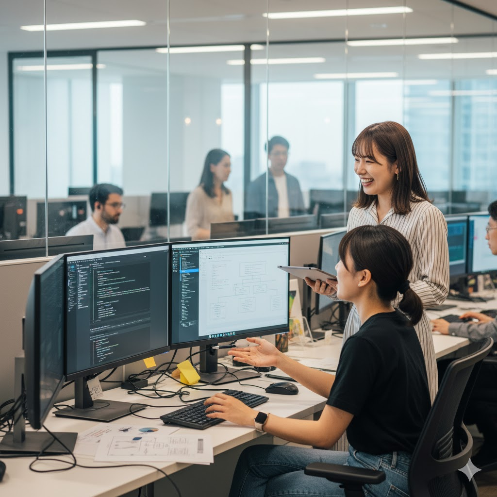 20代前半の日本人女性2名が、オープンなオフィススペースで意見交換をしている様子。立っている女性はストライプのシャツを着てタブレットを持ち、座っている女性に笑顔で話しかけている。座っている女性は黒いTシャツを着ており、複数のモニターが並んだデスクでキーボードを操作しながら、立っている女性に手を向けて話している。モニターにはプログラミングコードやフローチャートのようなものが表示されており、背景には他の同僚や都会の景色が見える。