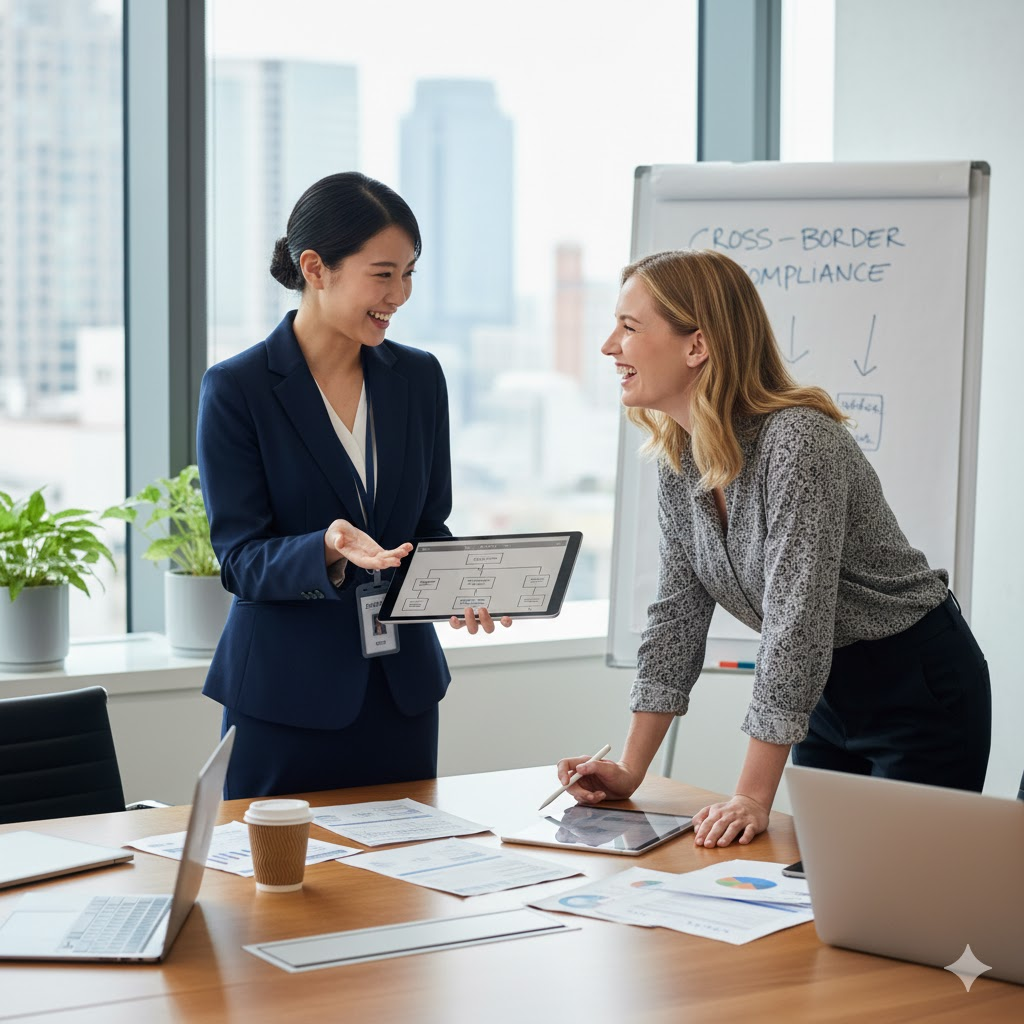 20代前半の日本人女性会社員（法務部）と、同年代のアメリカ人女性がオフィス内で楽しく有意義に情報交換をしている様子