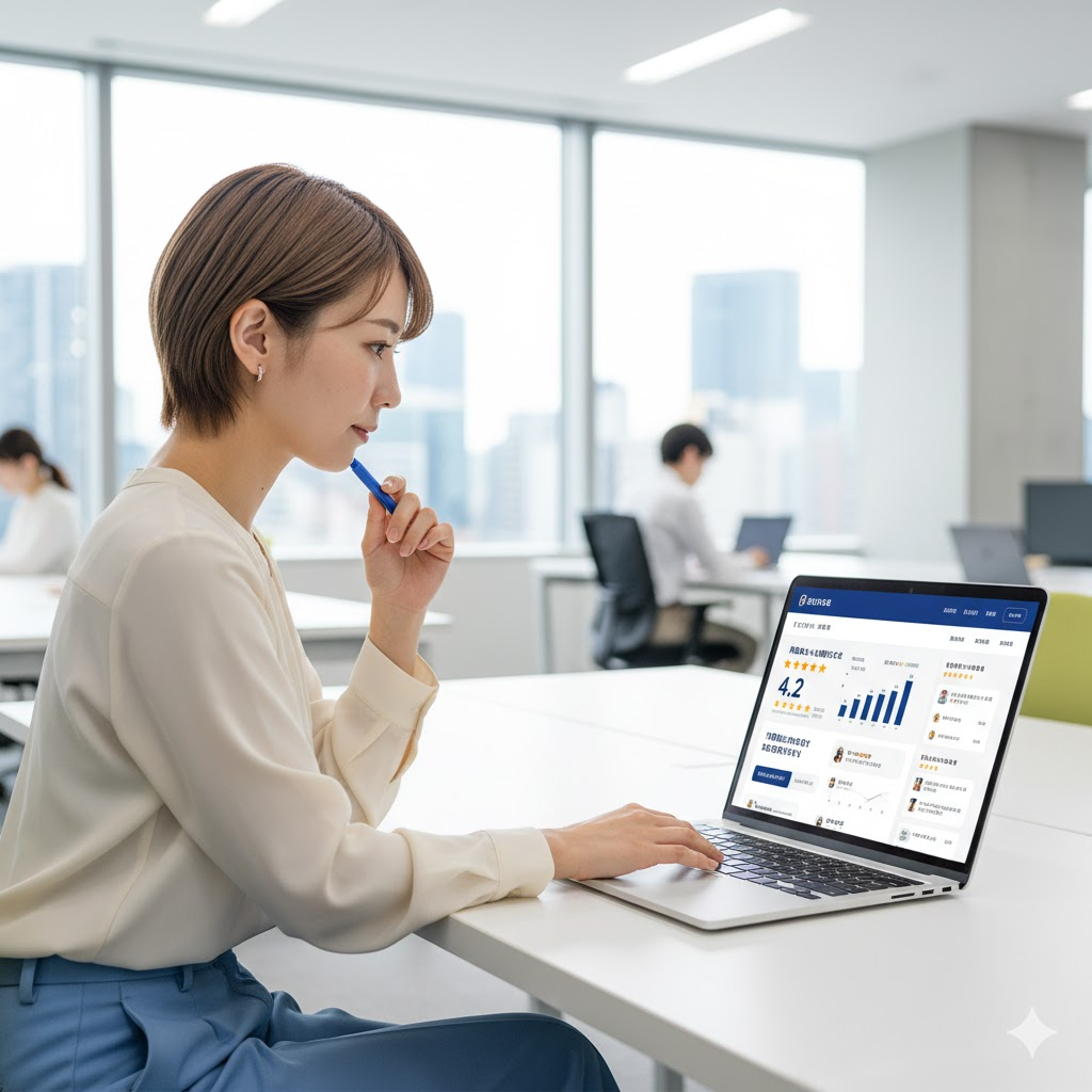 転職会議の口コミをノートパソコンで確認する２０代前半の日本人女性会社員のイメージ画像
