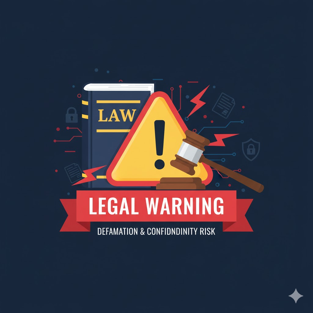 転職会議への書き込みに伴う法的リスクを注意喚起するイメージイラスト