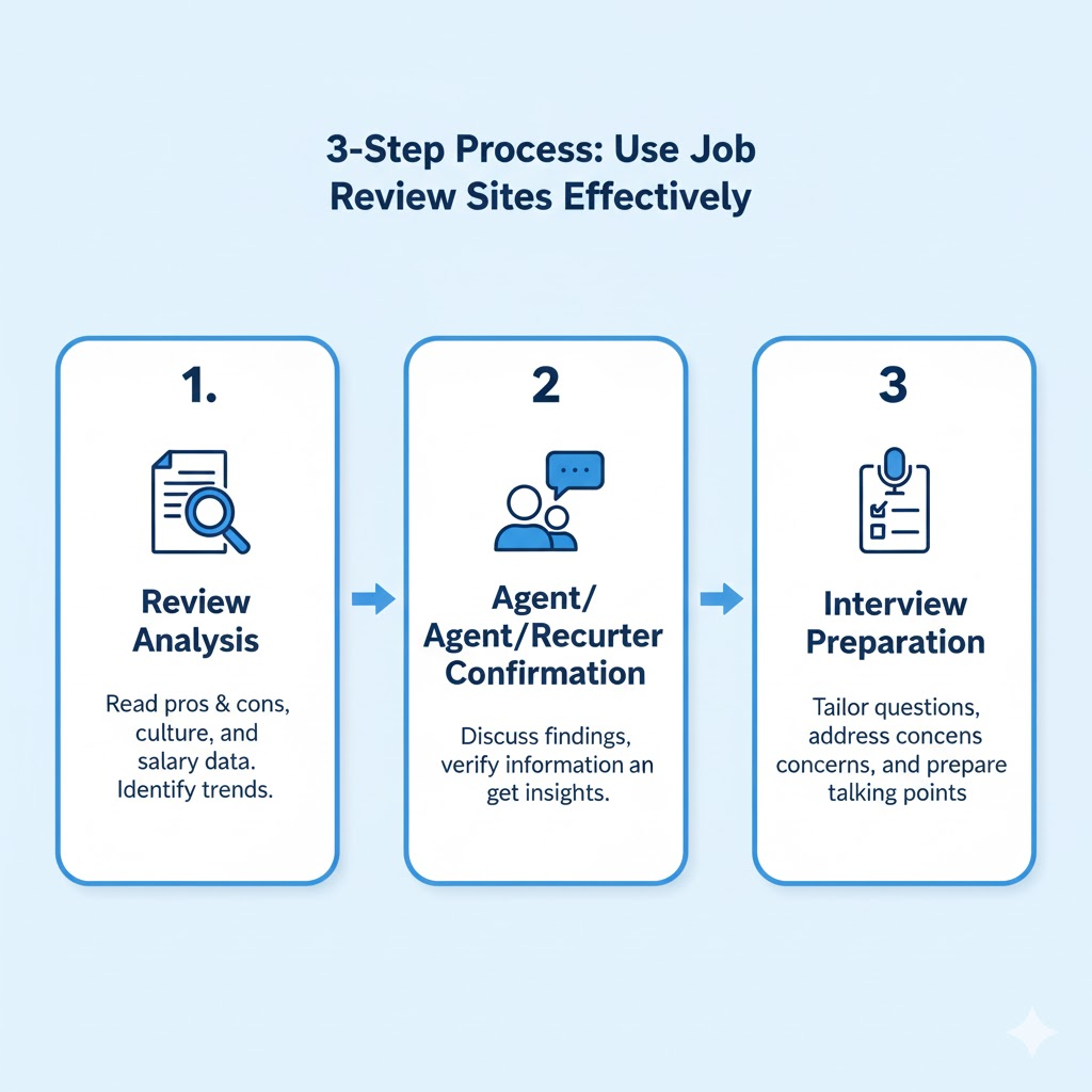 転職会議を転職成功に結びつけるための3ステップを示した図