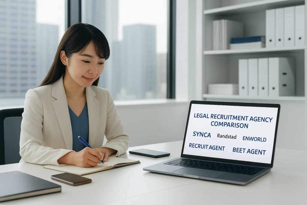 法務に強い転職エージェント5社のロゴをイメージした資料を前に、20代前半の日本人女性の法務担当者がメモを取りながら比較検討している様子