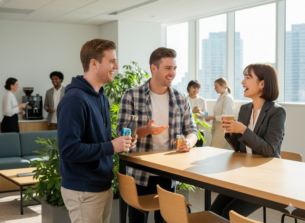 オフィスのリフレッシュコーナーで、20代前半の日本人女性が同年代のアメリカ人男性2人とドリンクを片手に笑顔で談笑している。奥には他の社員も写り、和やかな雰囲気が漂っている。