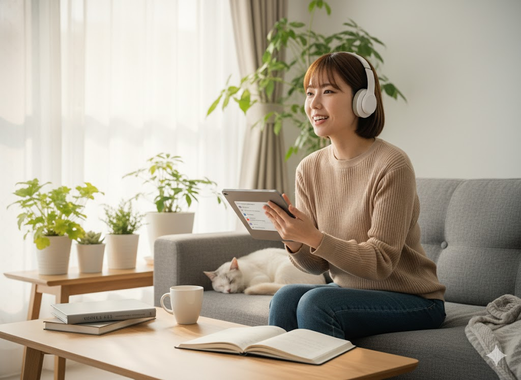 自宅のリビングでソファに座り、タブレットとヘッドホンを使って英語を学んでいる20代前半の日本人女性。笑顔で楽しそうな表情をしており、白い猫がソファの奥で寝ている。テーブルにはコーヒーカップと本が置かれている。
