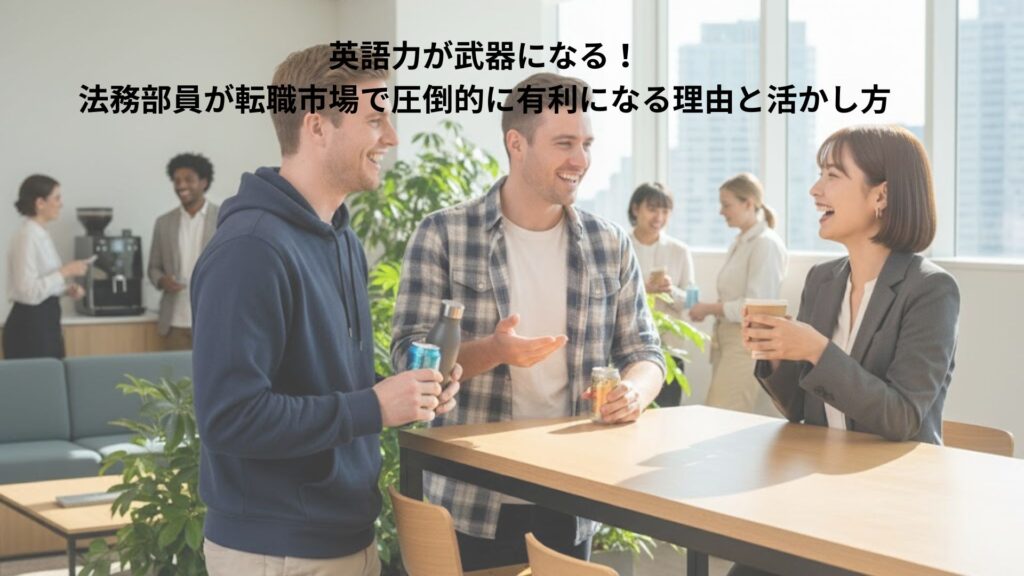 オフィスのリフレッシュコーナーで、20代前半の日本人女性が同年代のアメリカ人男性2人とドリンクを片手に笑顔で談笑している。奥には他の社員も写り、和やかな雰囲気が漂っている。