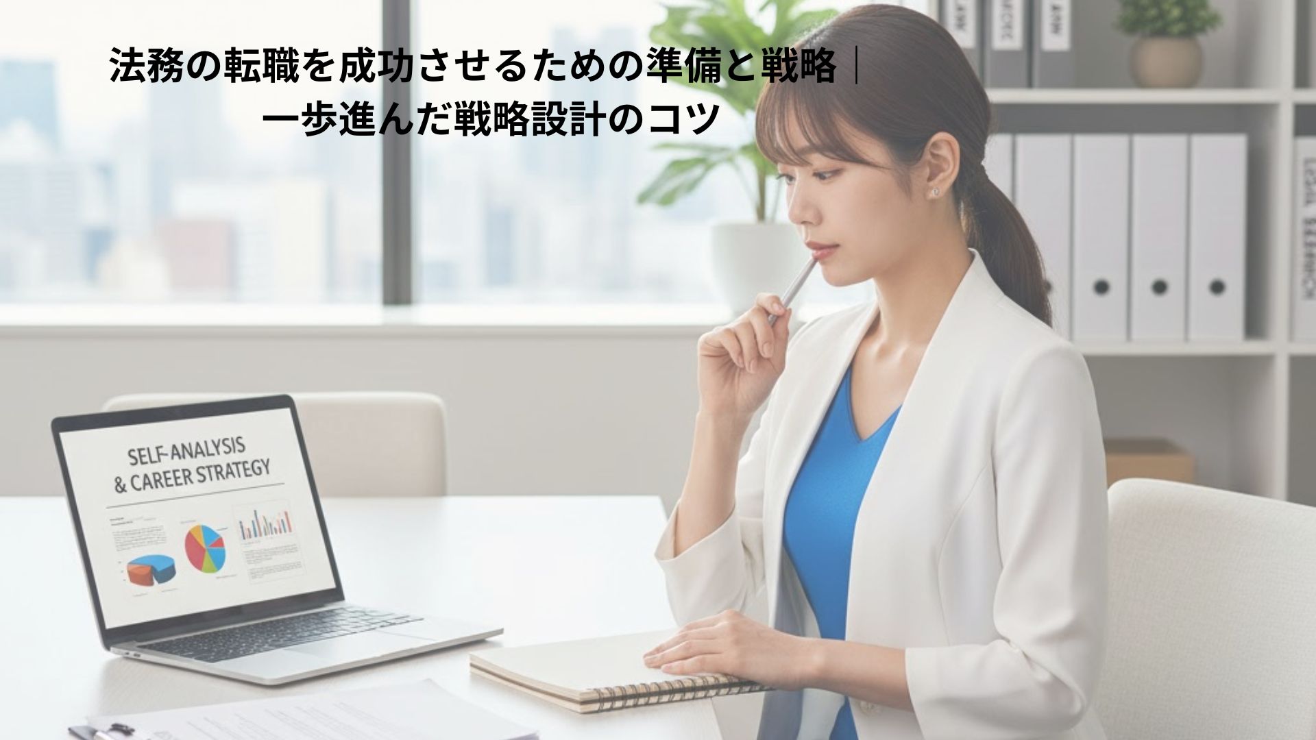 20代前半の日本人女性法務部員（明るく、若々しい服装）が、会議室のデスクで契約書とノートPCを前に自己分析している様子。自然光が差し込む明るいオフィス。落ち着いたブルーとホワイトを基調とした写真風のリアルな描写。背景に法務関連書籍や資料をさりげなく配置。