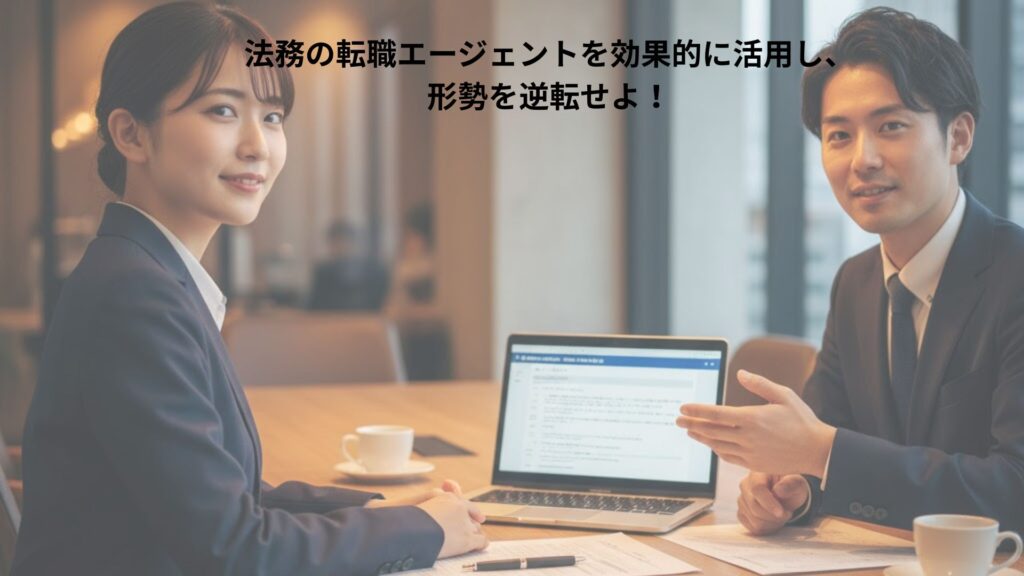 法務部に所属する20代前半の日本人女性と転職エージェントがミーティングをしている。ラップトップを開いて条件を説明しながら話し合う。木目調のテーブル、暖色照明、前向きな表情。ビジネスの現実感と誠実なコミュニケーションを描写。