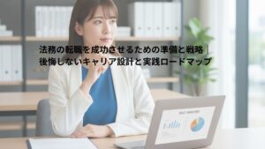 日本人女性の法務部員が契約書とノートを前に自己分析を行うシーン（転職準備・キャリア戦略）