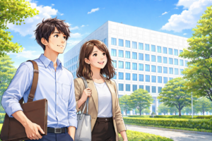 新しいキャリアを考えながらオフィスビル前を歩く若い男女のビジネスシーンのイラスト