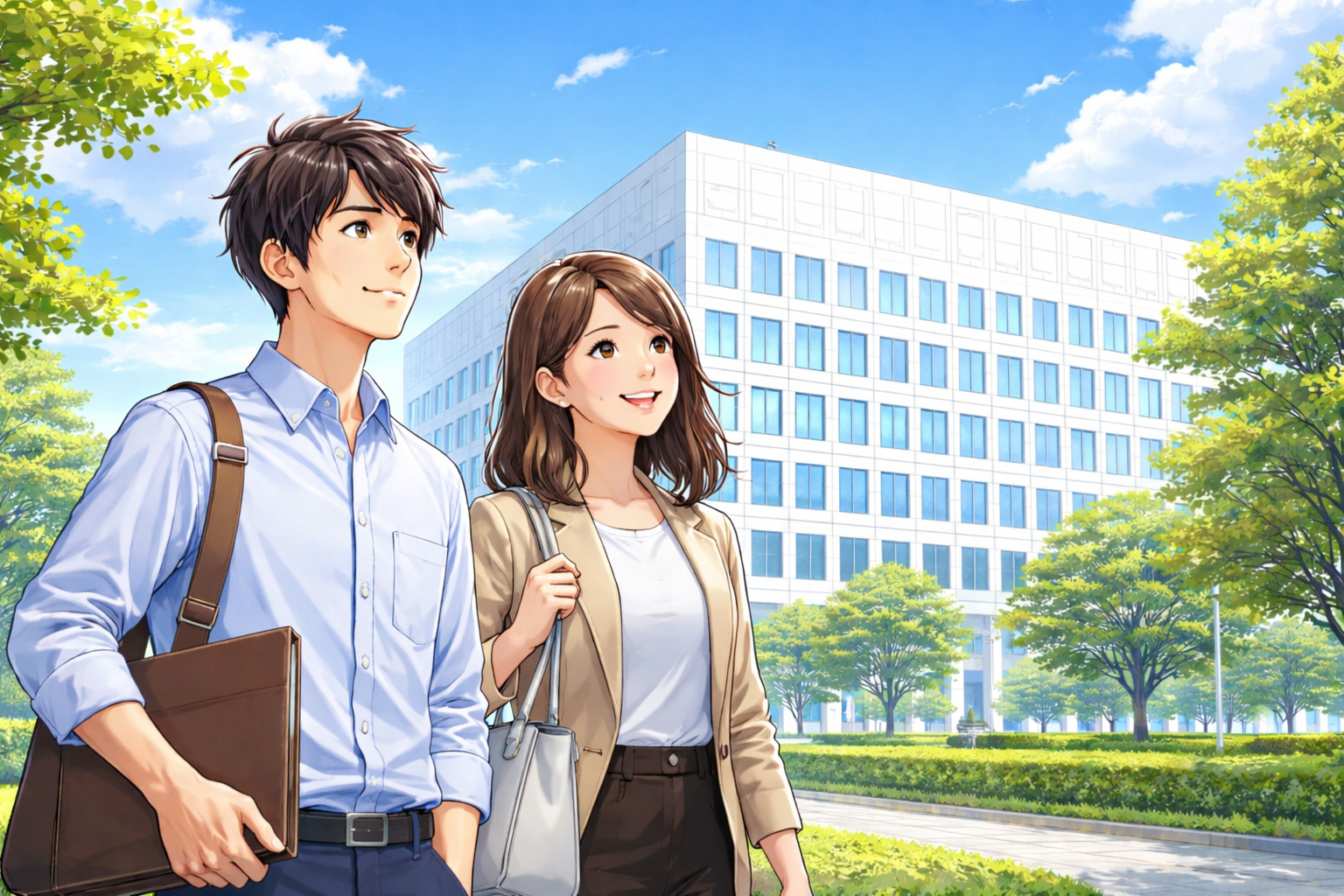 新しいキャリアを考えながらオフィスビル前を歩く若い男女のビジネスシーンのイラスト