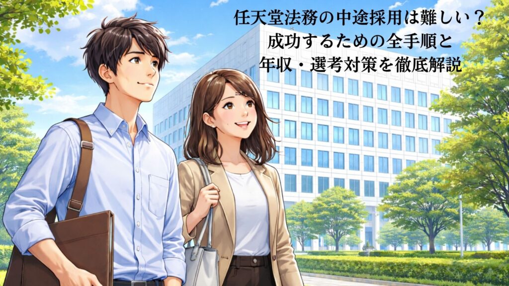 新しいキャリアを考えながらオフィスビル前を歩く若い男女のビジネスシーンのイラスト