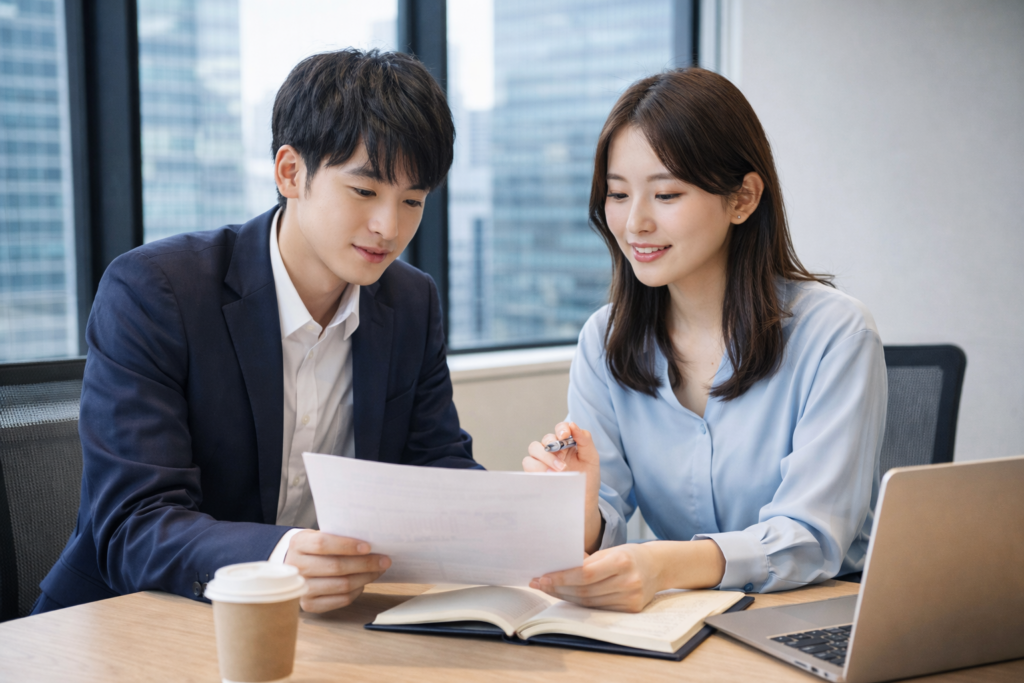 都心のオフィスで、若手社員2名が書類を見ながら意見を交わし、業務について話し合っている様子