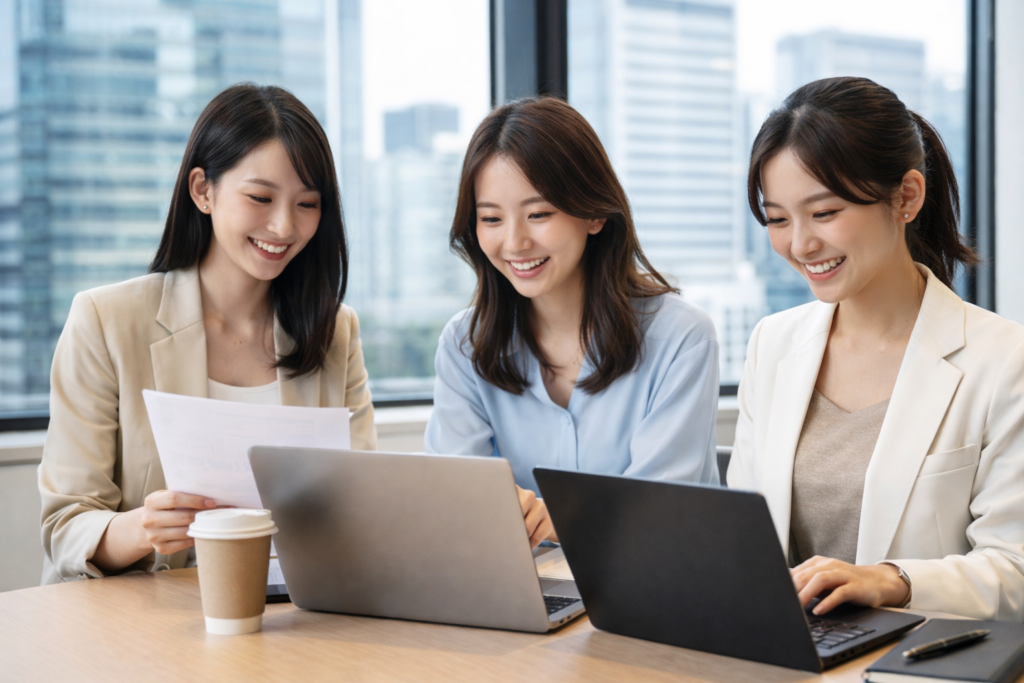 明るいオフィスで、20代前半の女性社員3名がノートパソコンを使いながら協力して仕事を進めている様子