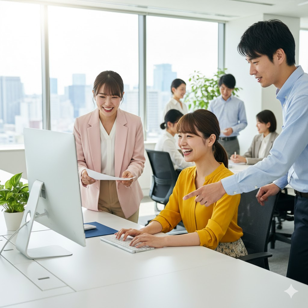 オフィスで、笑顔の20代前半の日本人女性が明るい黄色のトップスを着てパソコンに向かっています。彼女の隣には同僚の男性が立ってモニターを指差しており、さらにその隣には別の女性社員が書類を持って笑顔で立っています。背景には他の社員が働いており、大きな窓からはオフィス街の景色が見えています。全体的に明るく、生き生きとした職場環境が表現されています。