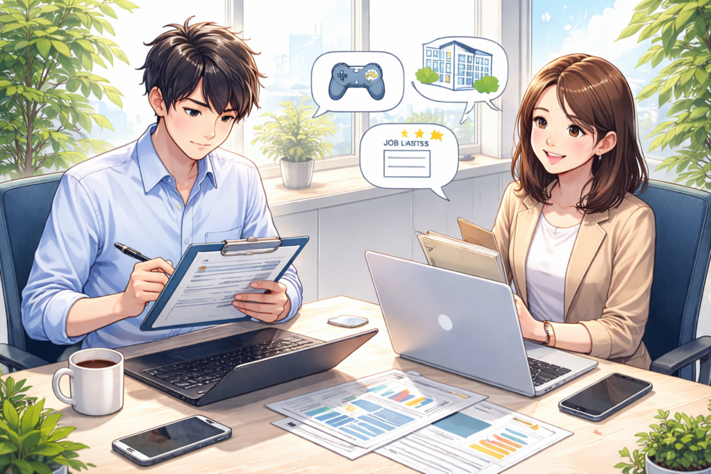 オフィスでノートパソコンと資料を前に、将来のキャリアや転職について思案する若い社会人男女のイメージイラスト