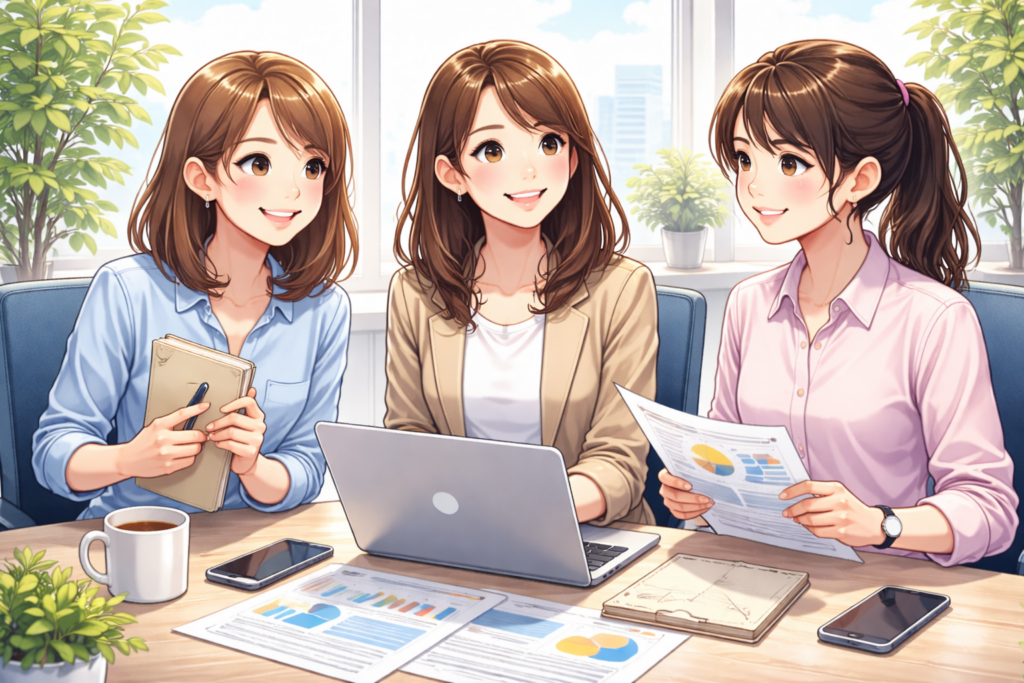 オフィスでノートパソコンや資料を囲みながら、転職やキャリアについて前向きに話し合う同年代の女性社会人3人のイメージイラスト