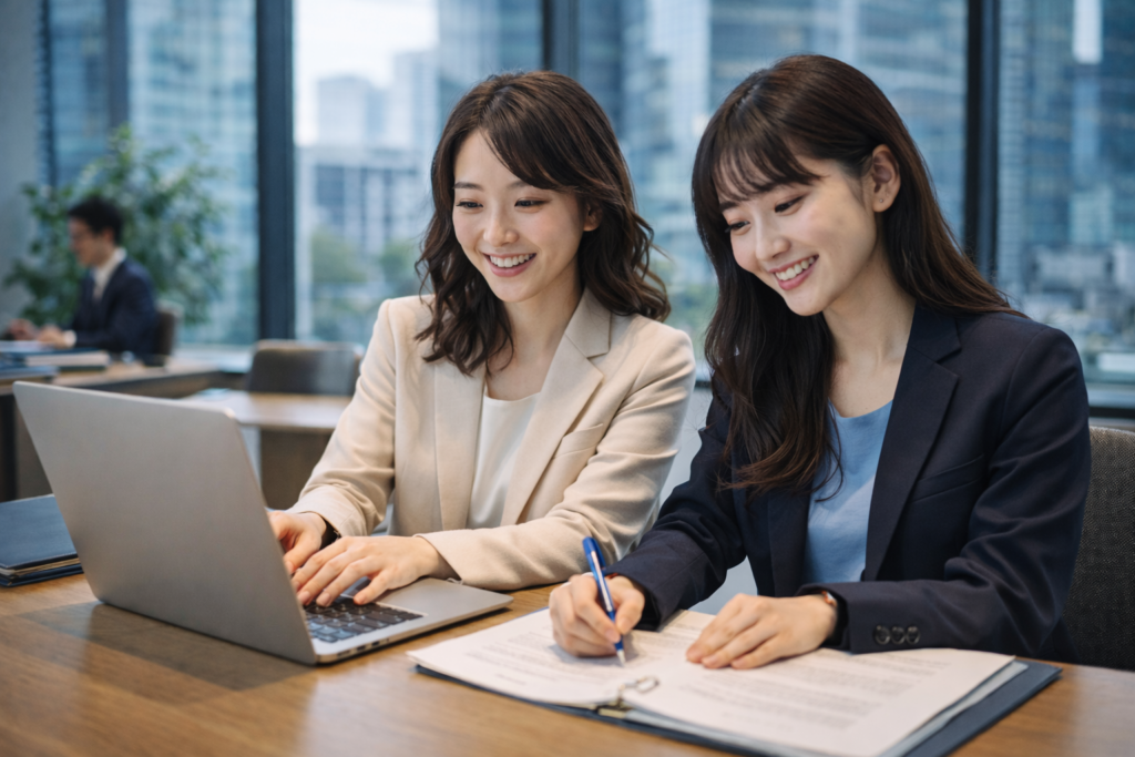 明るいオフィスで、若手社員2人が協力しながら業務に取り組んでいる様子を表したイメージ。資料とパソコンを前に、前向きに仕事を進める雰囲気が伝わる。