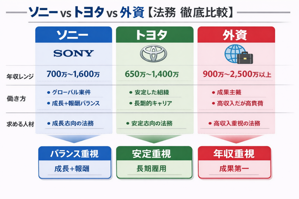 ソニー・トヨタ・外資系企業の法務を比較した図解。年収レンジ（700万〜2500万円以上）、働き方（成長・安定・成果主義）、求める人材の違いを視覚的に整理した比較インフォグラフィック。
