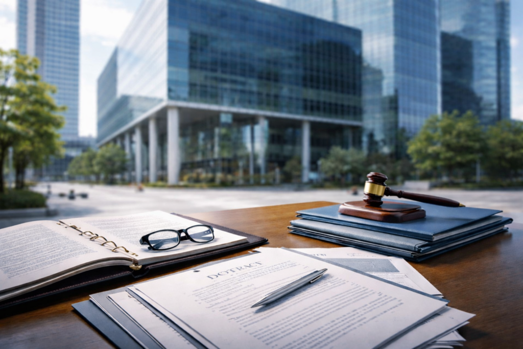 近代的なオフィスビルを背景に、机の上に契約書類やファイル、眼鏡、木槌が置かれた法務業務をイメージしたビジネスシーン。
