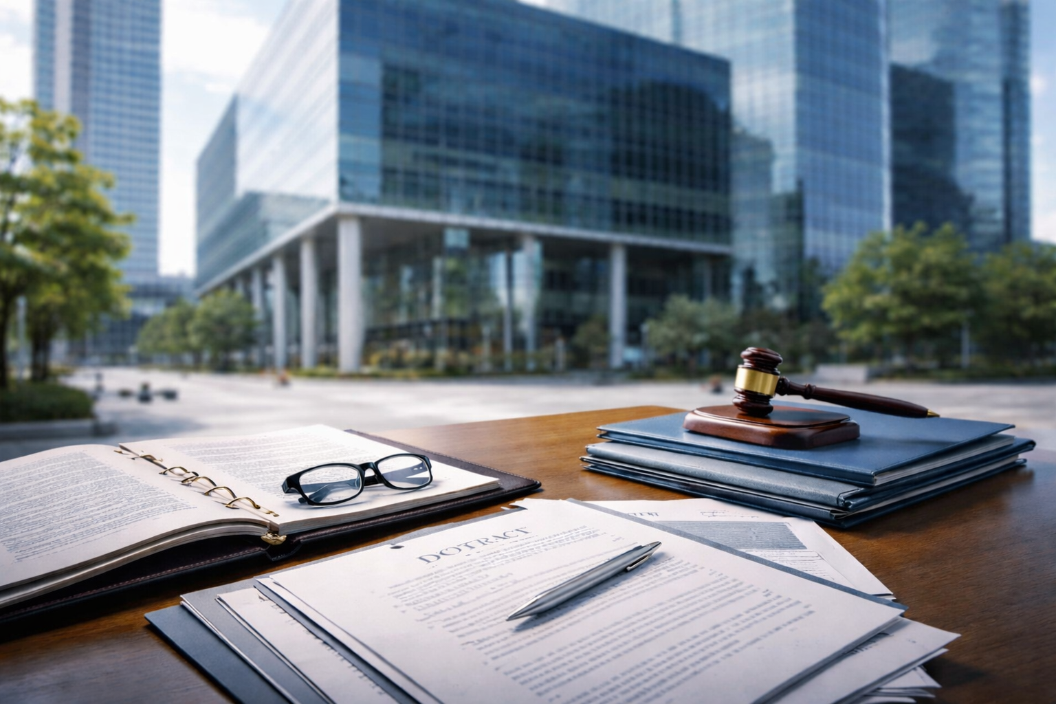 近代的なオフィスビルを背景に、机の上に契約書類やファイル、眼鏡、木槌が置かれた法務業務をイメージしたビジネスシーン。