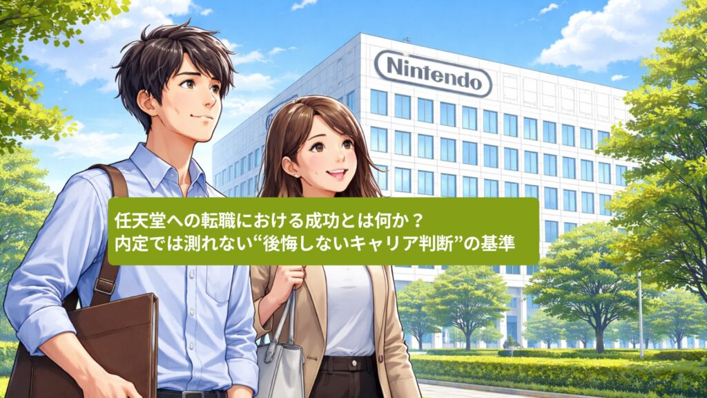 任天堂本社ビルを前に、将来のキャリアを考えながら歩く若い男女のイラスト