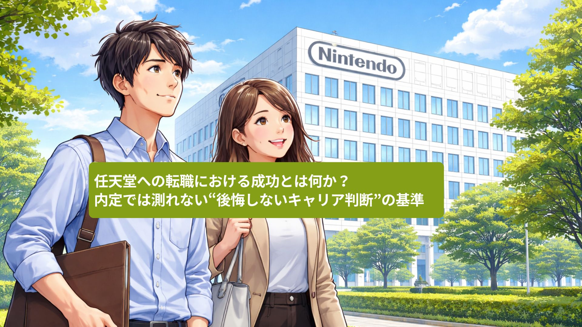 任天堂本社ビルを前に、将来のキャリアを考えながら歩く若い男女のイラスト