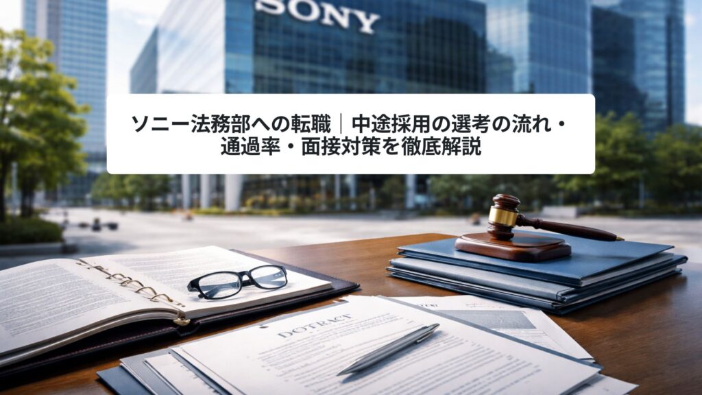 オフィスビルを背景に、机の上に契約書類やファイル、眼鏡、法務を象徴するアイテムが置かれたビジネスシーンのイメージ。