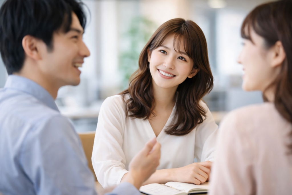 明るいオフィスで同僚と笑顔で対話する女性社員。人に好かれる共通点である安心感と信頼関係を象徴するビジネスシーン。