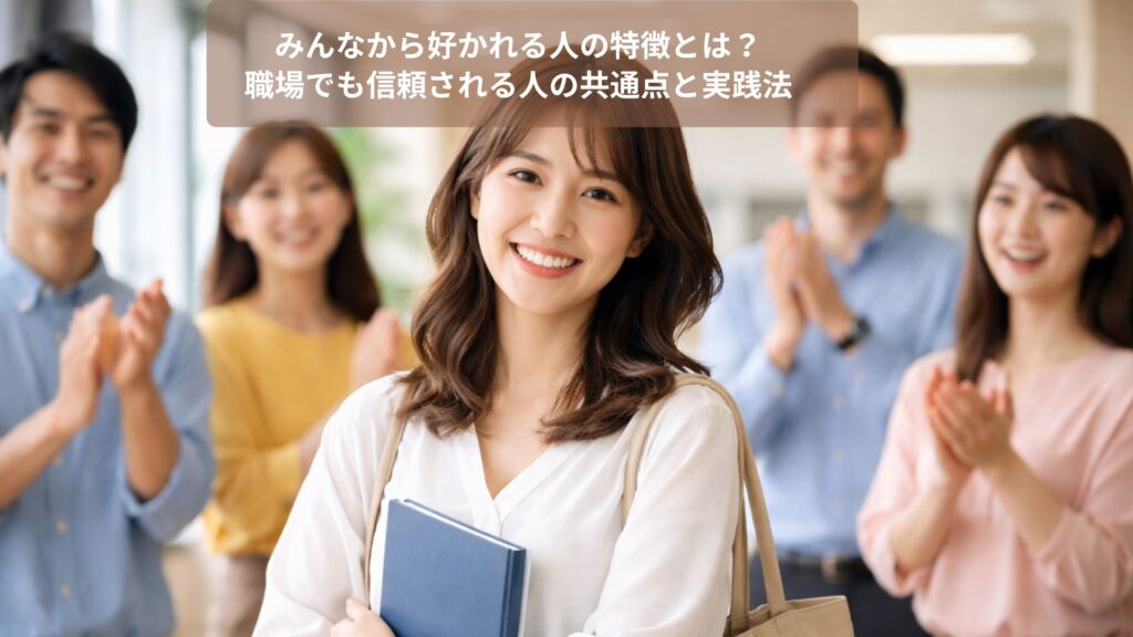 明るい職場で微笑む女性社員と拍手する同僚たち。みんなから好かれる人の特徴である信頼と安心感を象徴するオフィス風景。