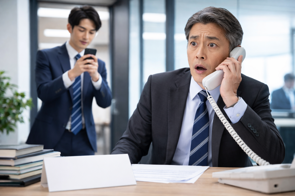 退職代行の連絡を受けて動揺する上司と、スマートフォンを操作する社員を対比したオフィスシーンのイメージ画像。