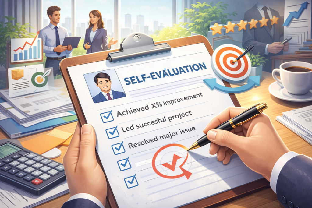 オフィスで自己評価を記入する様子と、成果や改善を示すグラフ。法務部向けの実践的な自己評価フレームをイメージしたビジュアル。