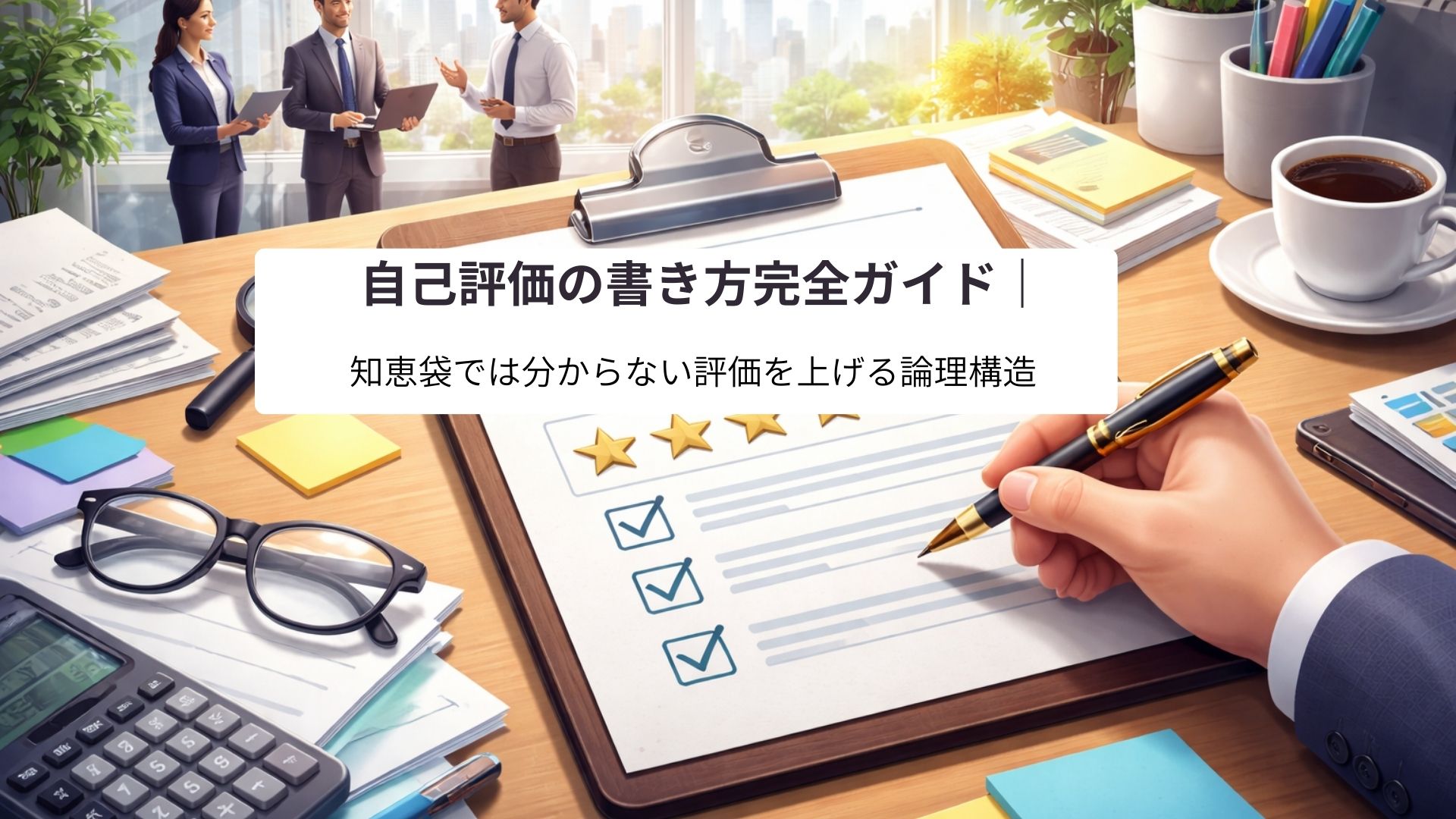 オフィスで自己評価シートを記入するビジネスパーソンの手元。評価制度やキャリア戦略をイメージさせるビジュアル。