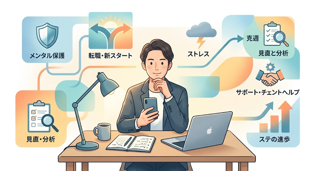 中央のデスクに座る男性はスマートフォンを持ち、顎に手を当てて考えている。デスクにはノートPC、開いたノート、マグカップ、デスクライトがあり、背景は抽象的な図形で構成されている。