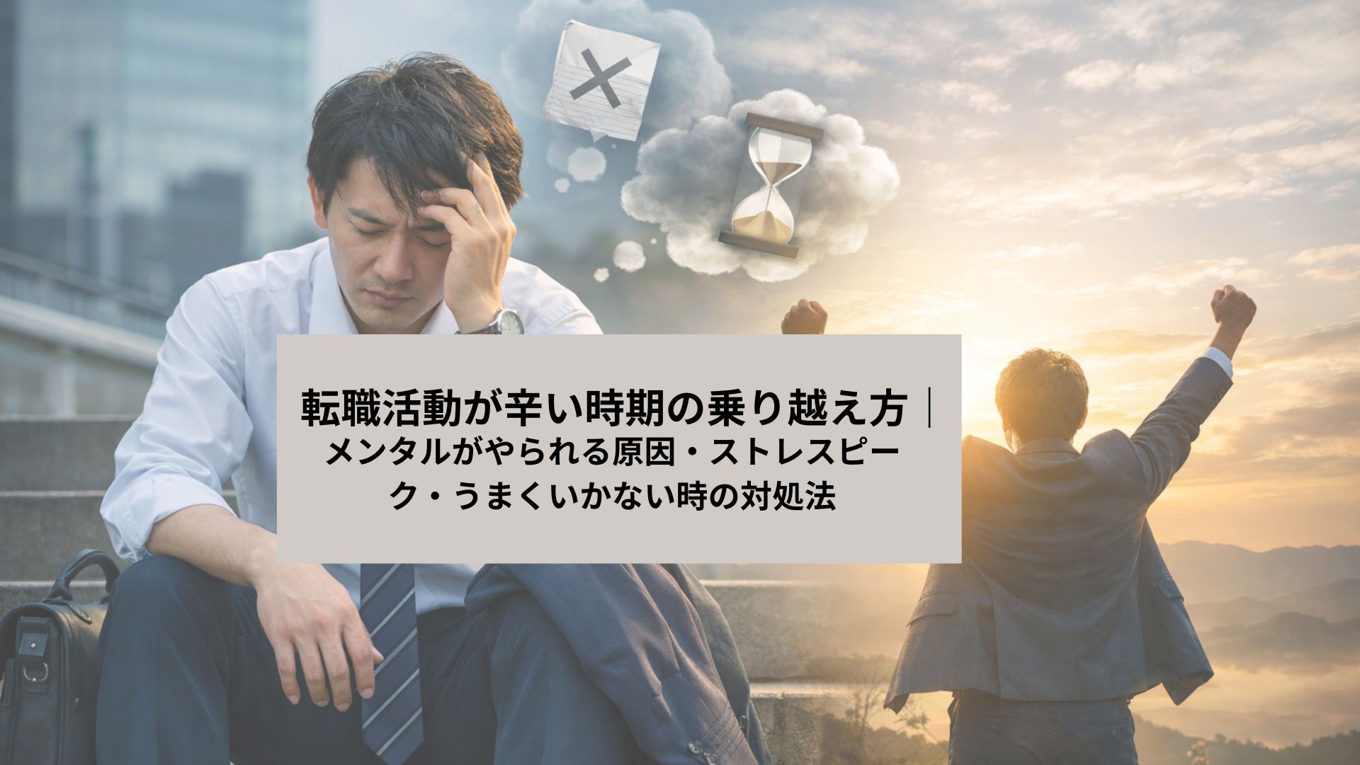 転職活動に悩み落ち込むスーツ姿の男性と、朝日に向かって前向きに進む姿を対比したイメージ